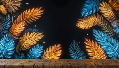 Decorative arrangement of colorful leaves in blue, brown, and gold tones against a black background with a wooden surface in the foreground.