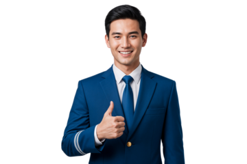 Portrait of a smiling young airline crew member in a blue uniform giving a thumbs-up gesture