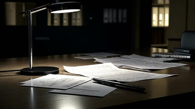 A dimly lit office desk with scattered documents, a pen, and a lamp illuminating the workspace