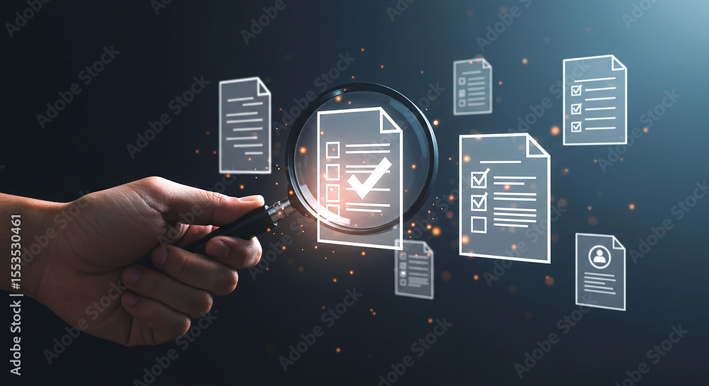 Poster hand holding magnifying glass over document with checkmark and checklist icons on dark background
