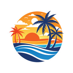 Stylized beach sunset with ocean waves and palm trees vector illustration isolated on white background