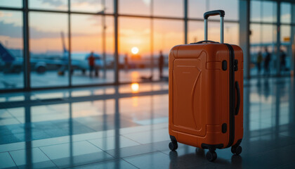 Orange suitcase awaits departure in airport terminal during sunset.