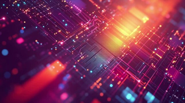 Futuristic technology background with digital circuit board and glowing neon lights, suitable for