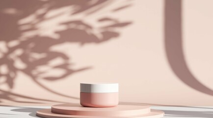 Minimal pink cream container on a pedestal with soft shadows