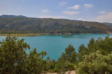 Beautiful Loriguilla Reservoir with clear turquoise water, Chulilla, Valencia, Spain