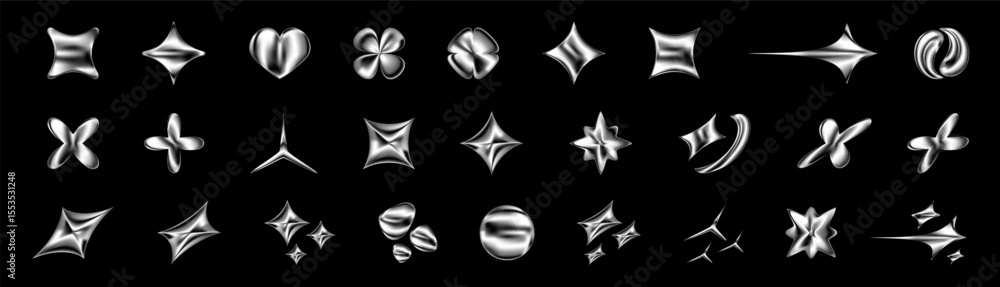 Poster 3d chrome icons in y2k style. silver metal star, heart and sphere shapes with glossy surface and hol
