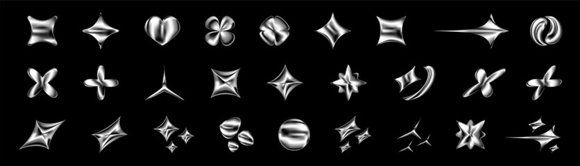 3D chrome icons in Y2K style. Silver metal star, heart and sphere shapes with glossy surface and holographic gradient. Abstract futuristic Isolated set elements with sparkle, fluid form and retro vibe