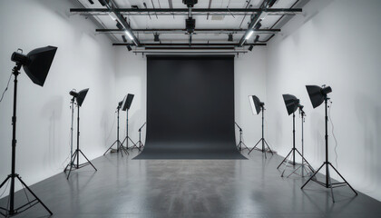 Empty professional photography studio with black backdrop and lighting equipment.