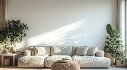 Bright living room with sofa, plants and natural light background