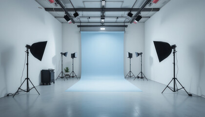 Empty photography studio with blue backdrop, lighting equipment, and a clean, minimalist aesthetic.