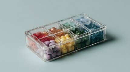 Transparent pill organizer with colorful compartments