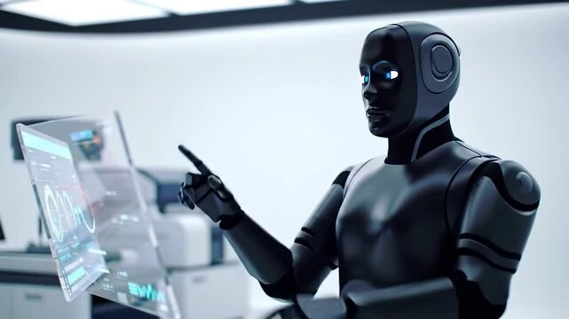 Robot Operating Futuristic Interface In High-Tech Laboratory