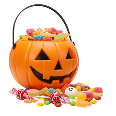 Spooky Halloween Jack-o'-Lantern Candy Bucket Overflowing with Sweets and Lollipops – Isolated on White or Transparent Background