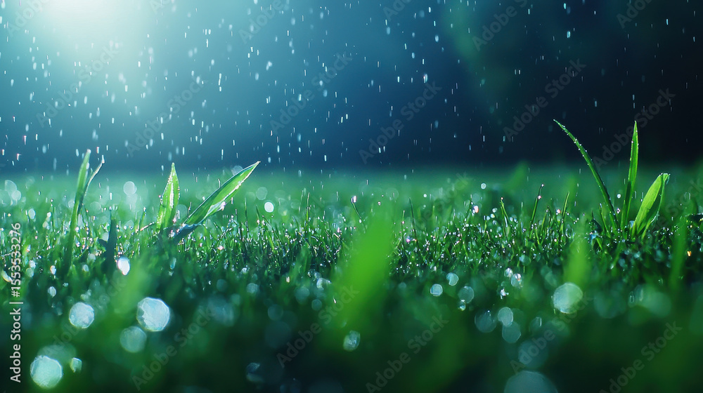 Poster serene scene of rain falling on lush green grass, creating tranquil atmosphere with sparkling dew dr