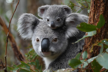 Obraz premium Mother koala with baby on her back