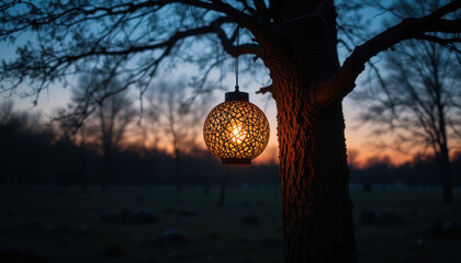 Illuminated lantern hanging from a bare tree branch at dusk, creating a warm glow against the twilight sky.