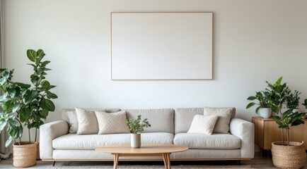 Living room interior with sofa, plants, and blank picture frame