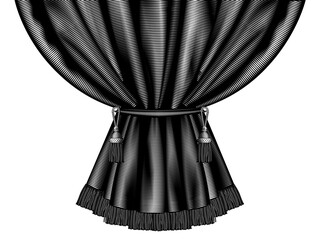 Classic curtain frame with tassel and fringe, isolated on white. Drawing in vintage engraving style. Vector illustration