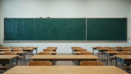 Empty classroom with rows of desks facing a large chalkboard.