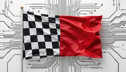 A checkered flag, split red and black, is displayed against a circuit board background.