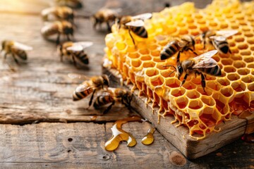 Bees working on honeycomb producing honey on wooden table