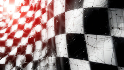 A dramatic, checkered racing flag billows, its fabric textured and slightly distressed, suggesting intense speed and competition.
