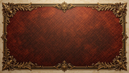 Ornate gold frame with floral details surrounds a textured, reddish-brown background.
