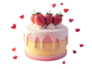 3D Of Delicious Strawberry Cake with Hearts on Transparent Background