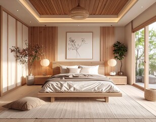 japandi style bedroom with geometric canvas art and soft wood elements in a calm minimalist design