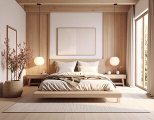 japandi style bedroom with geometric canvas art and soft wood elements in a calm minimalist design