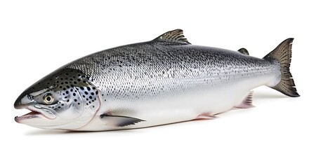 Naklejka premium Fresh Silver Atlantic Salmon Fish Isolated on White Background Detailed Closeup View seafood food