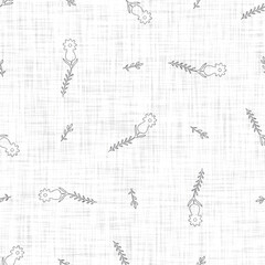 White neutral minimal floral bloom motif with linen effect texture for baby nursery seamless background. Modern muted simple soft pattern for wallpaper, home decor, white grey design. 