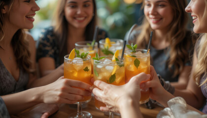 Group of smiling women toasting with refreshing cocktails, enjoying a social gathering.