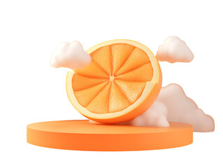 3D Of Orange Slice on Platform with Clouds on Transparent Background
