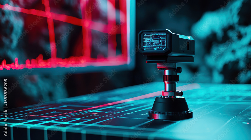Poster cave mapping tool on dark table with glowing graphics, showcasing advanced technology and precision