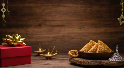 Festive treats, gift, and decorations on wooden background, Eid concept