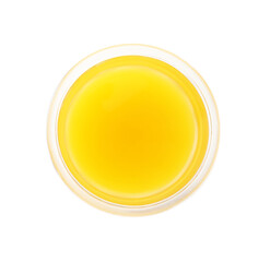 Tasty mango juice in glass isolated on white, top view