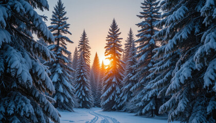 Serene winter sunrise illuminates snow-covered evergreen forest.