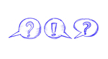 Hand-Drawn Blue Speech Bubbles with Question & Exclamation Marks PNG - Sketch Dialogue Icons, pencil marker doodle