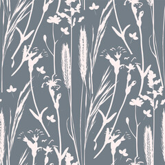 Cute floral seamless pattern with silhouettes of meadow wild herbs flowers. Flower vector illustration background. Print in rustic vintage style, textile or wallpapers.