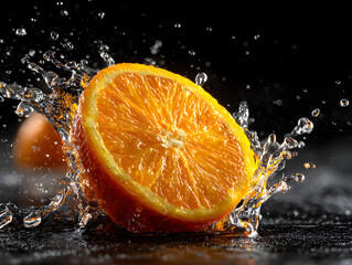 A juicy orange slice mid-splash citrus pulp sharp