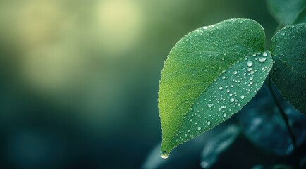 Close-up of green leaf with water droplets on a blurred background