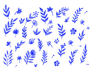 Hand-Drawn Blue Botanical Elements PNG - Sketch Leaves, Branches, Floral Doodles, or Nature Graphics, plants, flowers, pencil marker doodle, sketch line style elements.