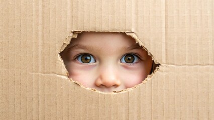 Close-up of a baby girl curious eyes peeking through a torn hole in a piece of worn