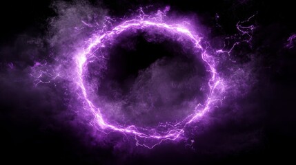 Fototapeta premium Glowing purple energy circle ring frame on black background.