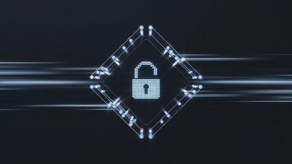 Pixelated Cyber Padlock in Blue Diamond Circuit Grid