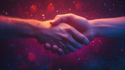 Handshake of two hands against vibrant glowing light background, symbolizing partnership, agreement, and collaboration in artistic futuristic scene with neon colors, bokeh effects