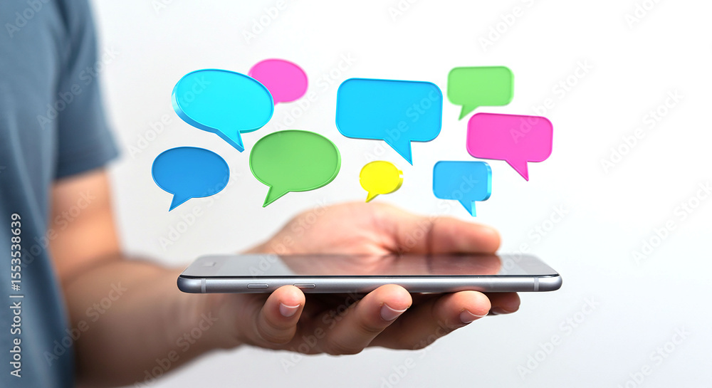 Poster person holding smartphone with floating colorful speech bubbles above the device in a bright setting