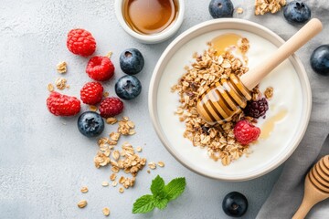 Greek yogurt with granola, honey, raspberries and blueberries enjoying a healthy breakfast