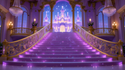 Obraz premium Baroque palace stairs with glowing steps, twin golden railings, and starlit sky. Perfect for fantasy backgrounds, animation scenes, or elegant storybook visuals.